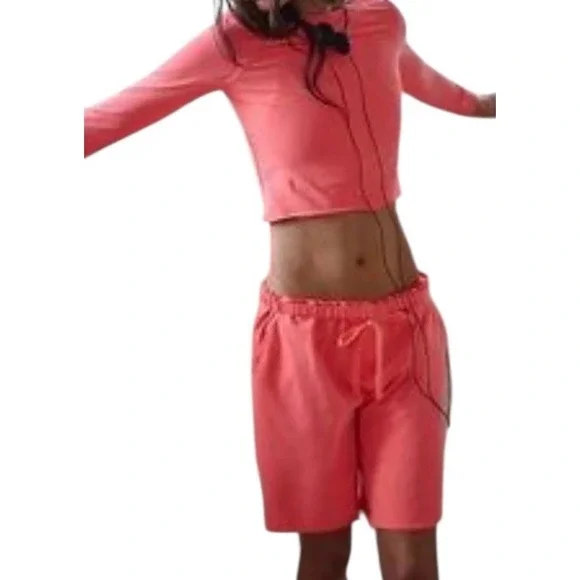 Free People Movement Hot Shot Easy Long Sleeve Set Neon‎ Coral (Top S/Shorts M)