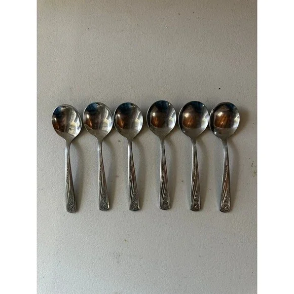 6 Vintage Stainless By Imperial Pageant Pattern Round Bowl Cream Soup Spoons Set
