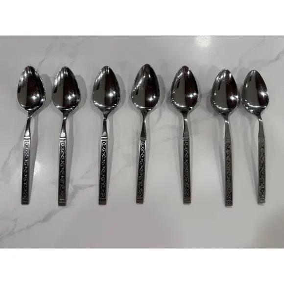 VINTAGE Oneida Spanish Court Soup Spoons Lot 6 Stainless Black Scroll Flatware