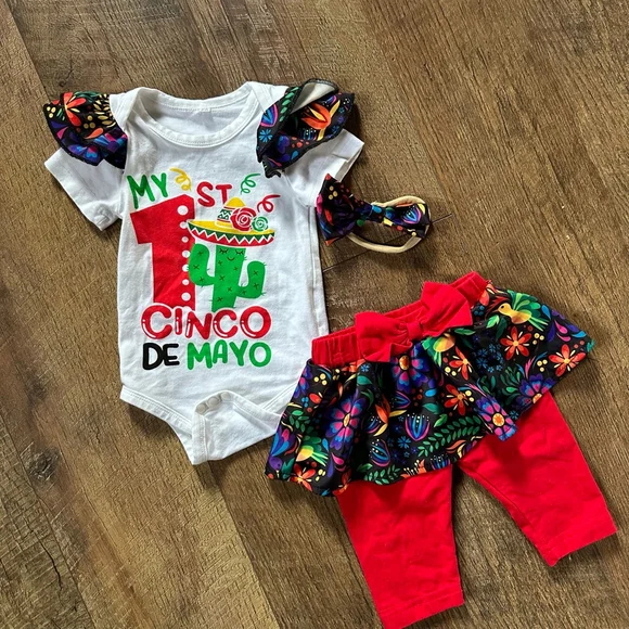 Baby Matching Set 3-6 Months White Red Cinco de Mayo Outfit