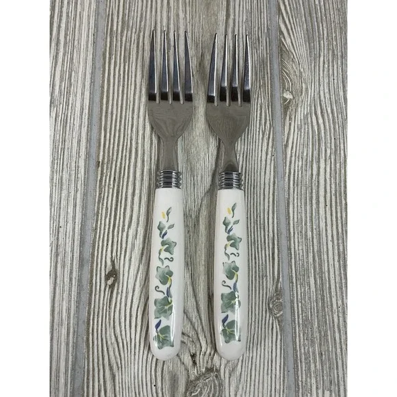 Vintage Ivy Leaf Pattern Stainless Steel Salad Fork Set White Ceramic Handle 2pc
