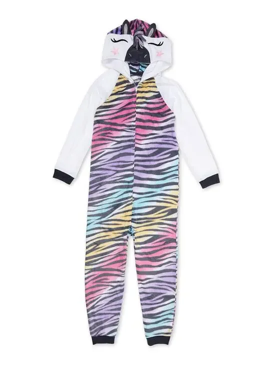 Wonder Nation One Piece Girl's Flannel Rainbow Zebra Print Pajamas XL 14-16