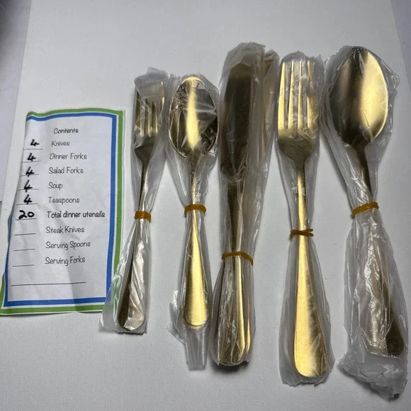 20pc Gold Flatware Set Service for 4 Gold New Stainless Steel Modern