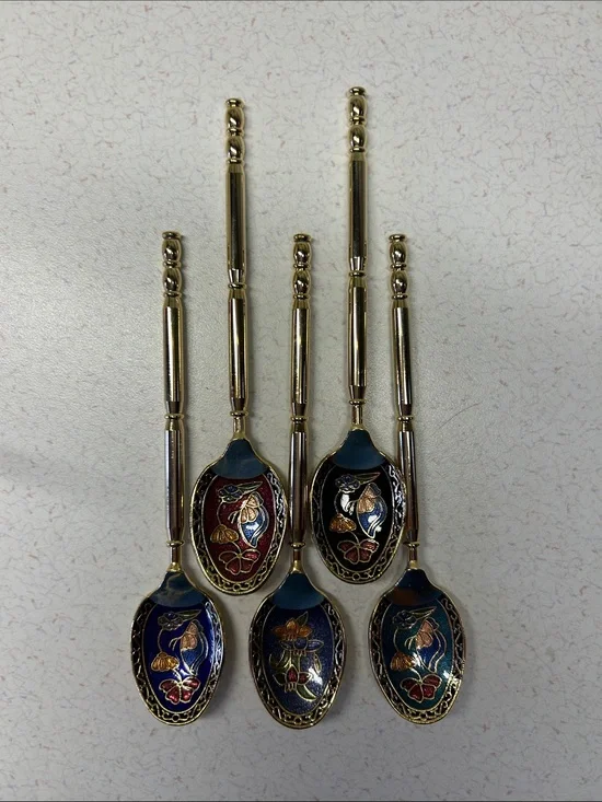 vintage gold-toned cloisonné enamel souvenir demitasse spoons set of 5