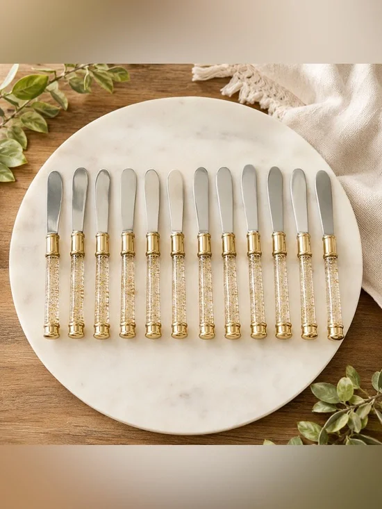 12 Cambridge Silversmiths Gold Glitter Lucite Acrylic Handle Cheese Spreaders