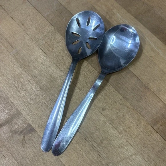 Imperial Stainless Steel Serving Spoon & Slotted Spoon Flower Pattern Lot 2