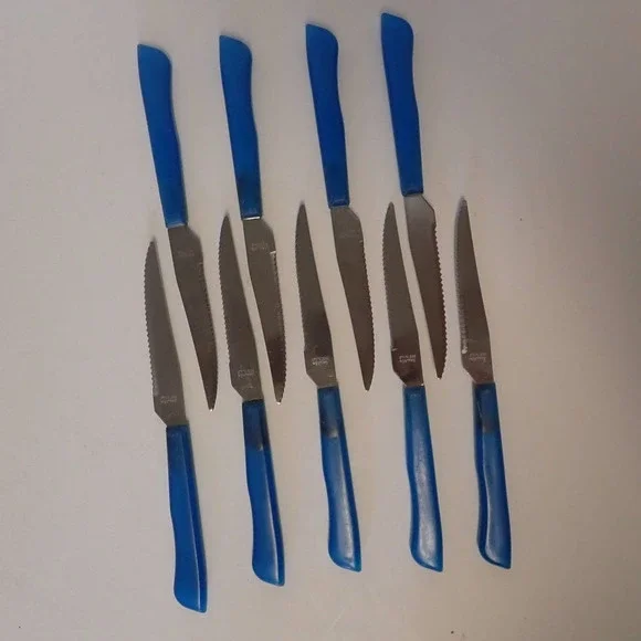Vintage Rostfrei‎ Blue plastic Lucite maybe Handle  9 Steak Knives