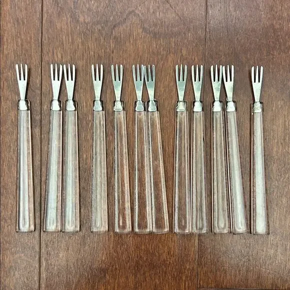 Vintage Set of 12 Clear Hors D’oeuvres Forks, Mid Century Modern Lucite Style