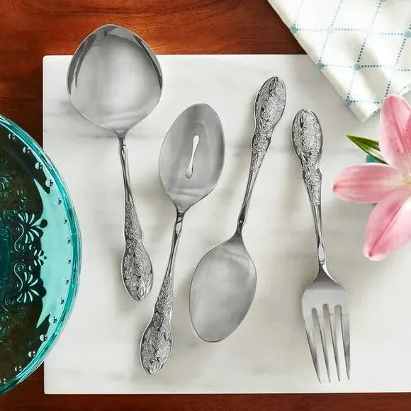 Pioneer Woman Mazie Serve Utensils 4Pc Hostess Set Silver Serving Spoons Fork