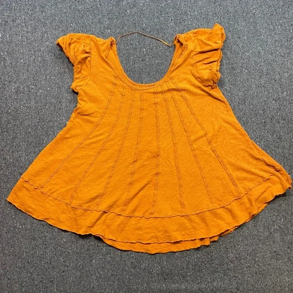 Free People We The Free Top Sz M Womens Orange Boho‎ Ruffle Cap Sleeve Babydoll