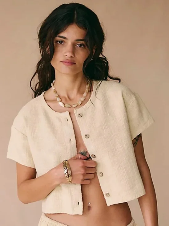 Free People Free-est Cropped Button Front Top Beige Textured Gauze Size L