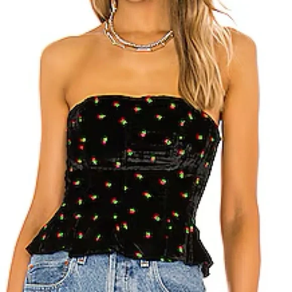 Free People Velvet‎ Rosie Embroidered Peplum Waist Strapless Top Size M