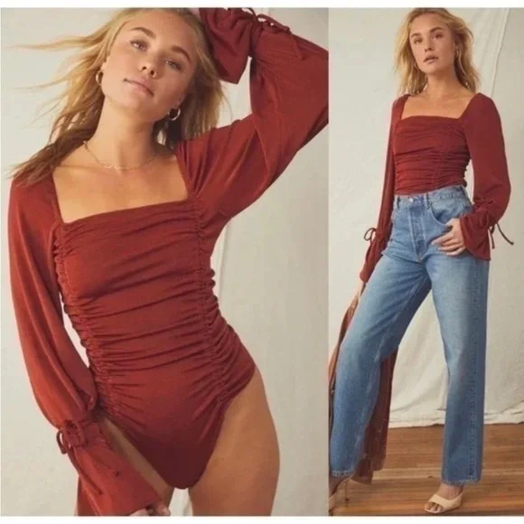 NEW Free People Meant To Be Ruched Bodysuit Cherry Chai Rust Red XL