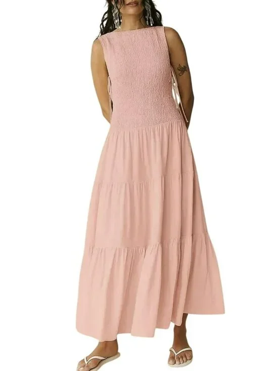 Free People Sterling Smocked Open Tie Side Tiered Maxi Dress Pink Small New