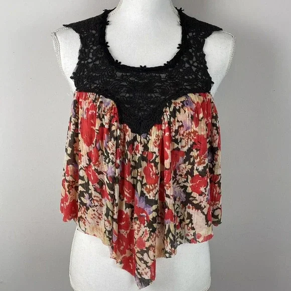 Free People Black Crochet Lace Floral Print Halter Top Blouse Multicolor Size XS