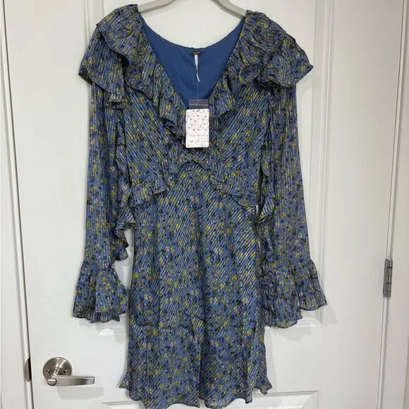 NWT Free People Blue Floral Ruffle Mini Dress Long Bell Sleeves Size 4