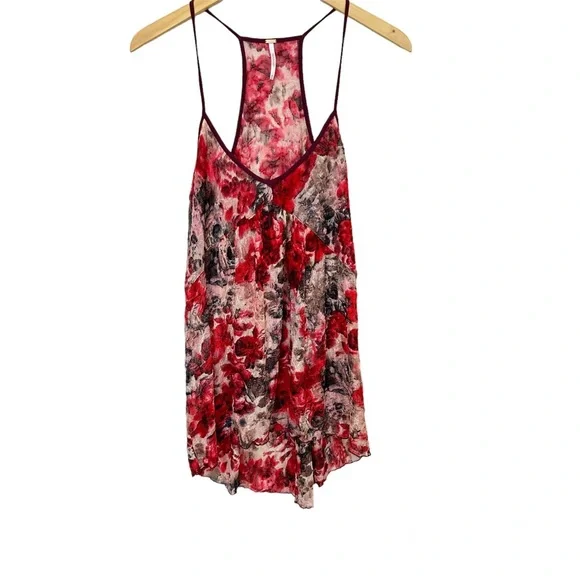 Free People Red Floral Lace Long‎ Racerback Sheer Tank Top Women’s Sz Medium