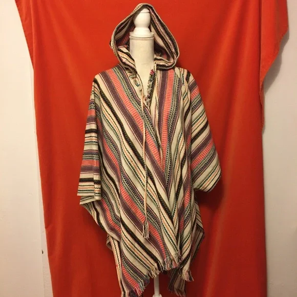 Free People hooded surfer girl poncho multi stripe os