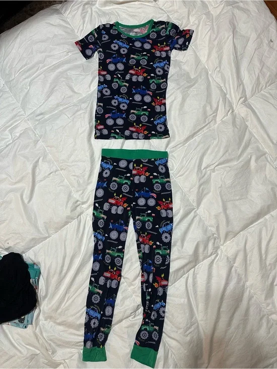 Little Sleepies Navy Truck Print Pajama Set with Green Trim