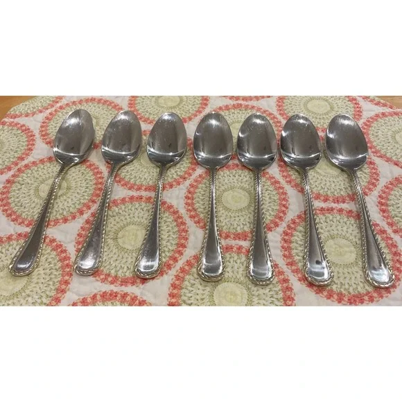 Oneida Golden Belmont Stainless Rope Edge Gold Oval Soup Spoons Set‎ Of 7 VTG