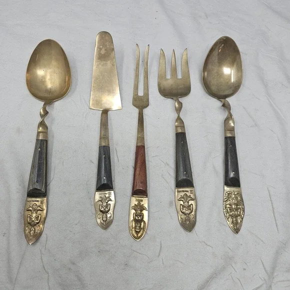 Vtg  Siam Thailand Brass  serving Fork & 2  Spoon, Pie Servire, Meat Server‎