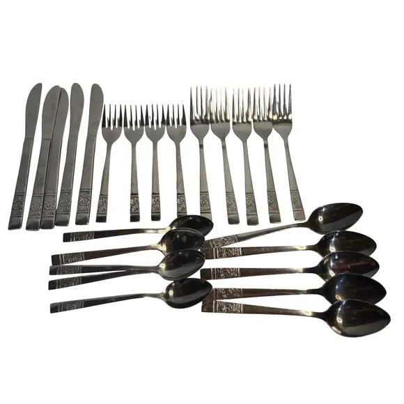 VTG National Stainless Flatware Silver Rose Pattern 24pc Set Knives Forks Spoons