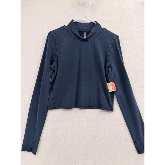 Free People Movement Midnight Navy Mock Neck Cropped Long Sleeve Top M Normcore