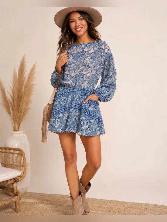 Free People Blue Printed Boho Open Back Mini Dress