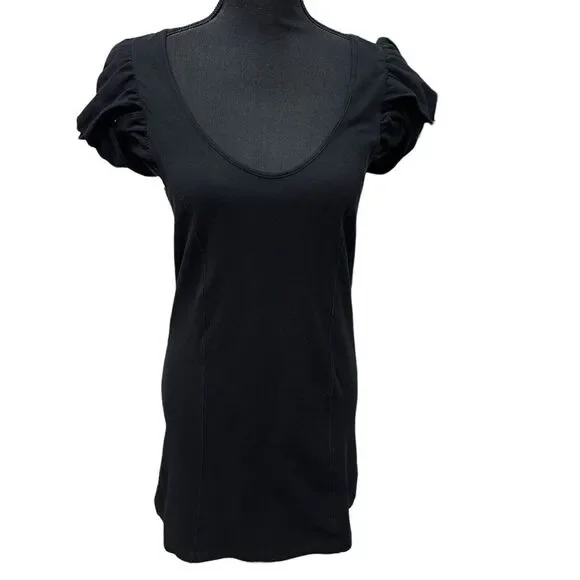 Free People Womens Cotton Floral Lace Puff Sleeve A-Line Dress Black‎ Size L