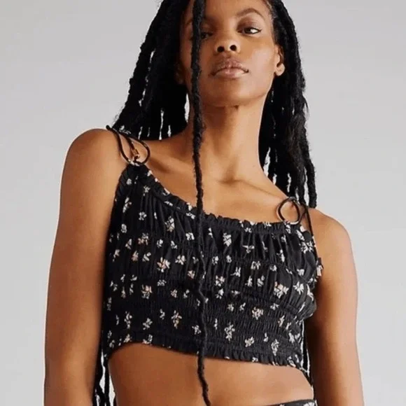 Free People Kaia Crop Top Womens S Black Smocked Tie Strap Cropped Boho