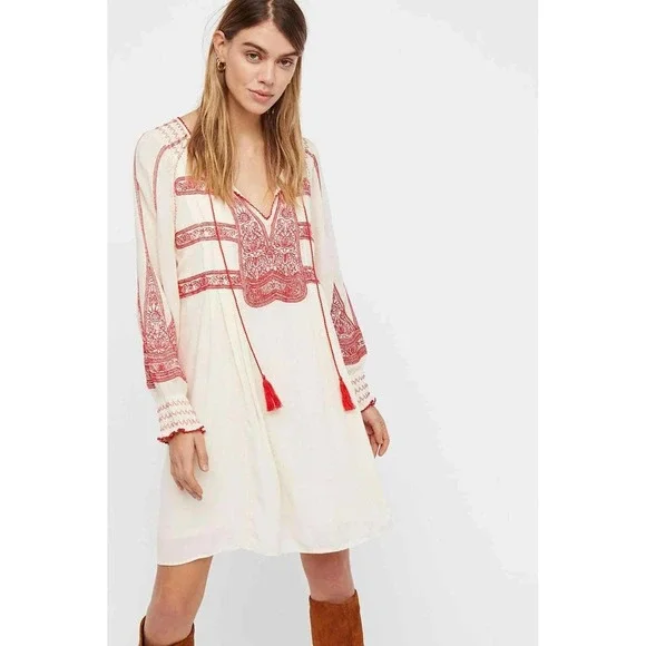 Free People Wind Willow Mini Dress‎ Embroidered Tassel Peasant Cream Red Size M