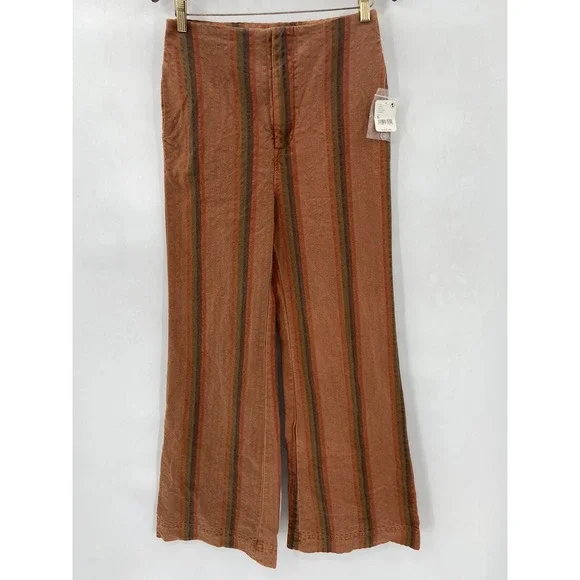 NWT Free People Star Of Wonder Flared Trousers in Brown Stripe Women's‎ Size 6