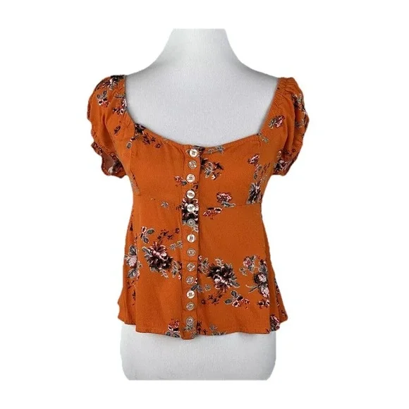 Free‎ People Medium Orange Floral Close To You Smocked Button Rayon SS Crop Top