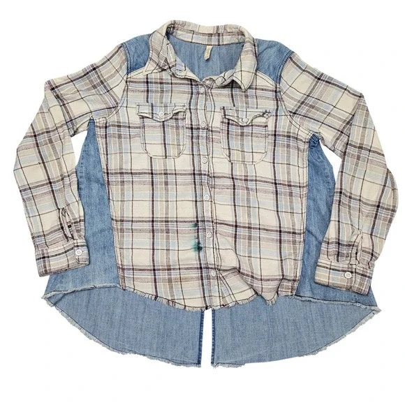 Free People Plaid Denim Back Shirt Medium Cream Blue‎ Patchwork Grunge 2010s