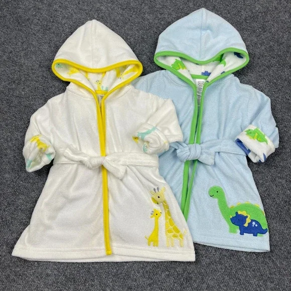 Lot of 2 Carter's Just One You Baby Hooded Bathrobes 0-9M Dinosaur Giraffe