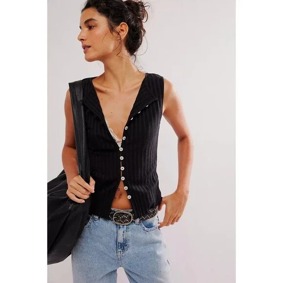 Free People Tilly Vest Blouse Top Black Ribbed Buttondown Scoop-Neck S 289392