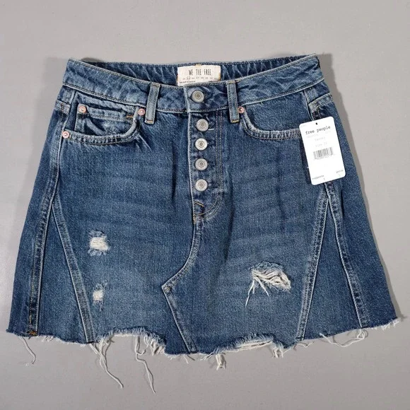 Free People Harvey Denim Mini Skirt Womens 25 Blue Distressed Button Fly New‎