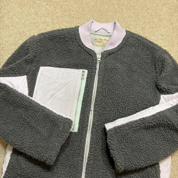 We The Free Rivington Sherpa Jacket FP Womens XS Zip Pockets Gray Pink‎ Bomber