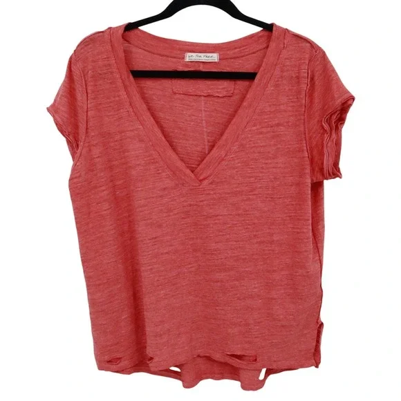 We The Free Distressed‎ Tee Women S Red Boho Coastal Oversized Casual Slouchy