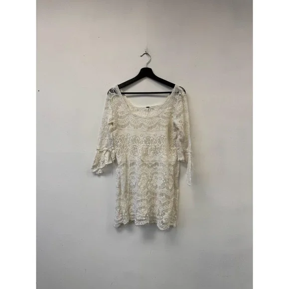Free People Blouse Womens Medium White‎ Crochet Lace Sheer Boho 3/4 Sleeve Tunic