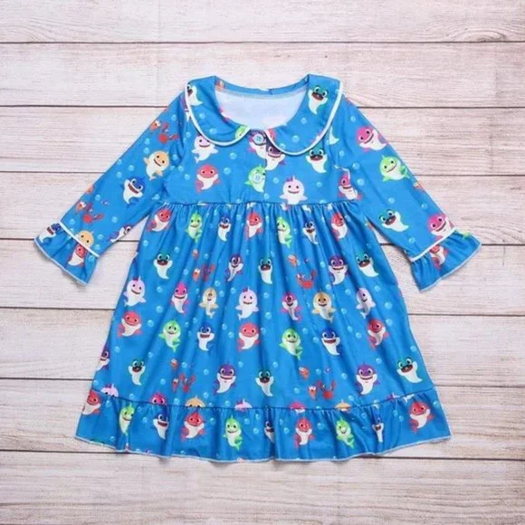 Boutique Baby Shark Girls Long Sleeve Nightgown Pajamas