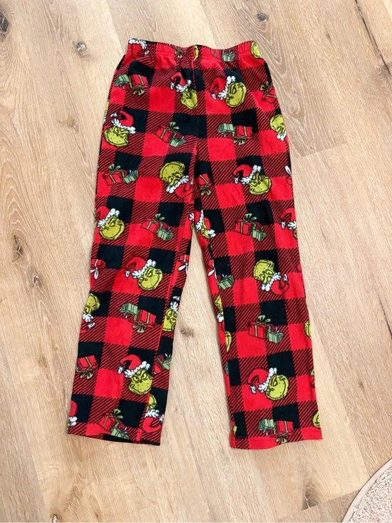 Kids Red & Black Plaid Holiday Fleece Pajama Pants with Grinch Print