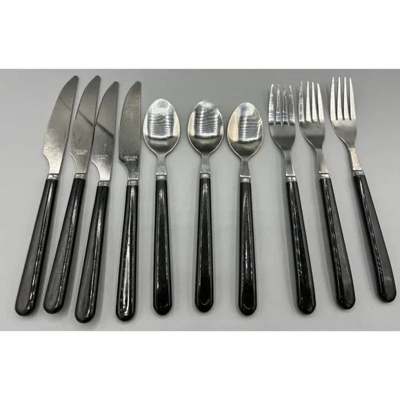 10 Pc‎ Vintage Stainless Taiwan Black Plastic Handle Flatware Silverware
