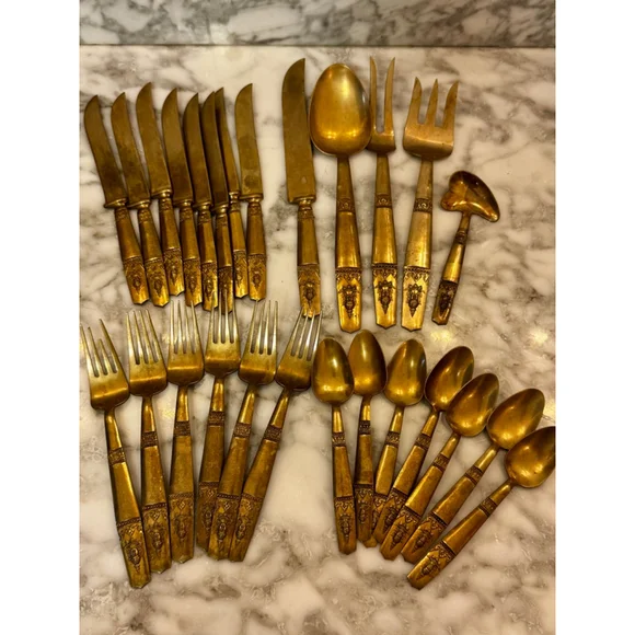 Vintage K Thailand Brass Flatware 26 Pc Set MCM Boho Hollywood Regency