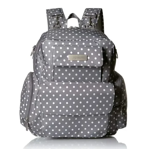 JuJuBe Nurtured Large Breast Pump Backpack Diaper Baby Bag Polka Dot Gray White