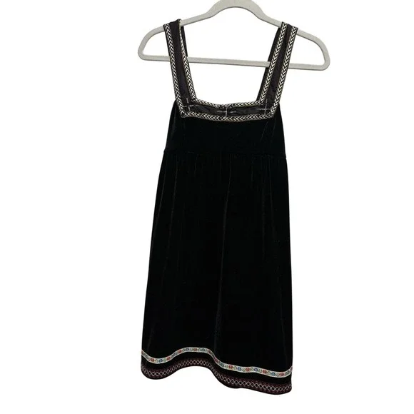 Free People Scandinavian Tunic Dress Black Velvet Boho Embroidered Trim Womens S