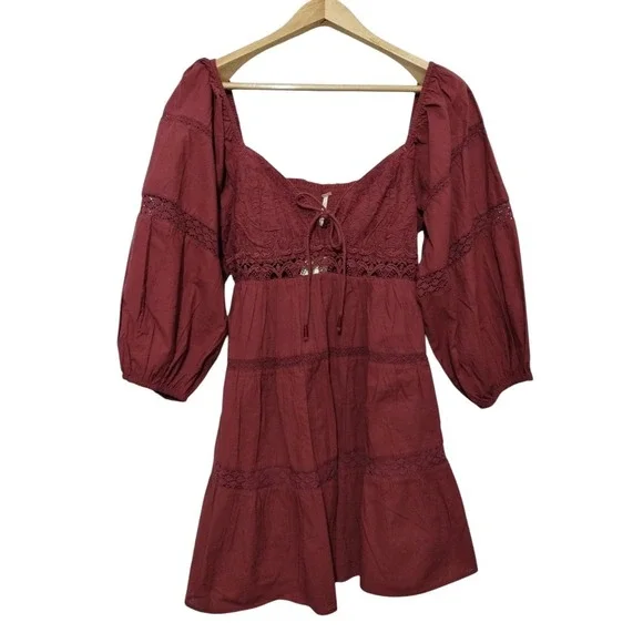 Free People All Mine Mini Boho Peasant Dress Burgundy Women's‎ M Puff Sleeves
