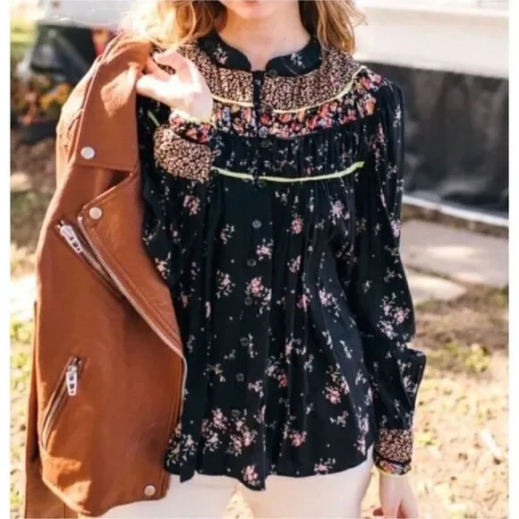 Free People BLACK PALOMA‎ FLORAL PRINTED BLOUSE | BOHEMIAN COTTAGECORE PRAIRIE S