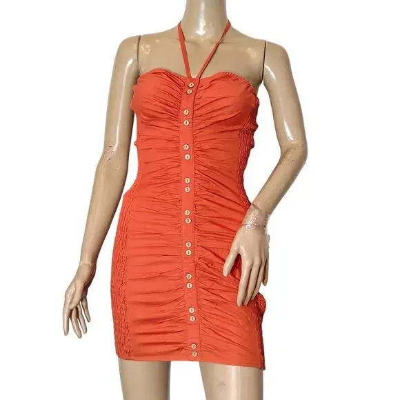 Free People Orange Ruched Halter Mini Dress XS Button Front Boho Sexy