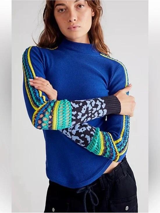 Free People Switch It Up Cuff Thermal Mockneck Top Large Crochet